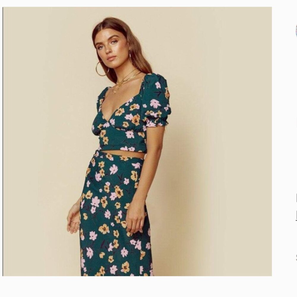 FLYNN SKYE 2 Piece Set Wilson Floral Top + Midi Skirt  Emerald City Green Sz XS